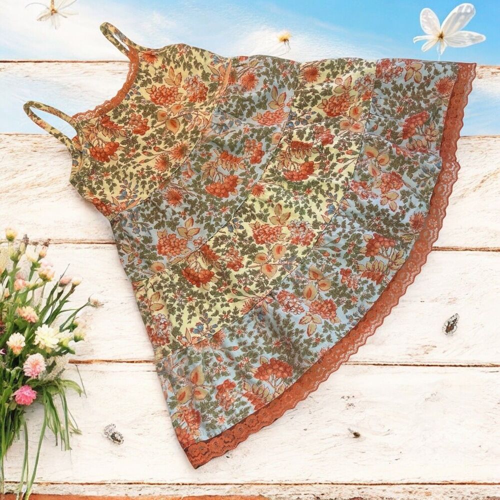 April Cornell Girls Sz 2 Orange Patchwork Strappy Sundress Lace Trim 100% Cotton